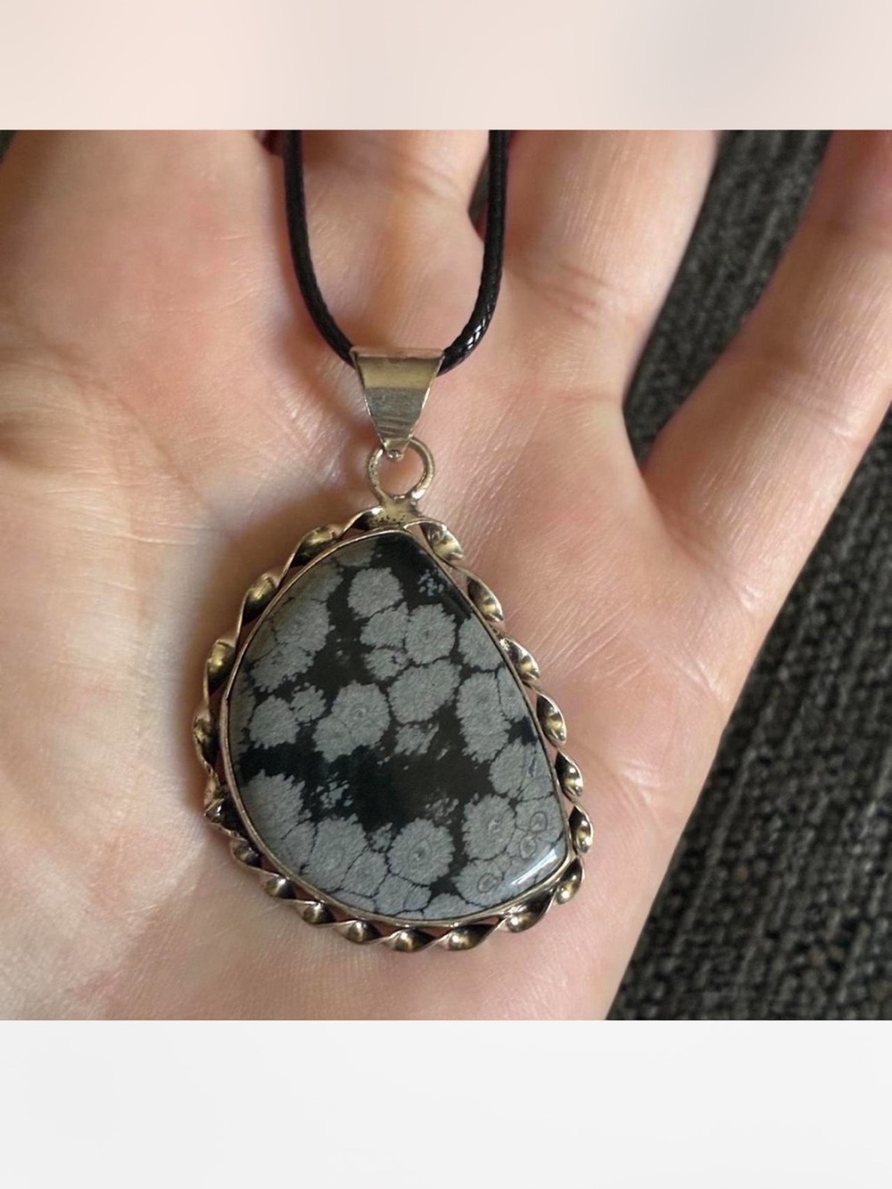 925 Silver Snowflake Obsidian Gemstone Vintage STYLE Cord Necklace